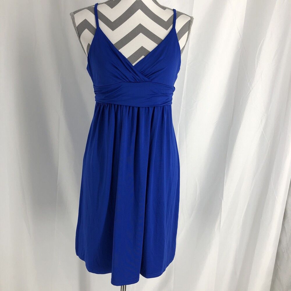 Miss Qee Women V Neck Spaghetti Strap Dress Blue , Size S